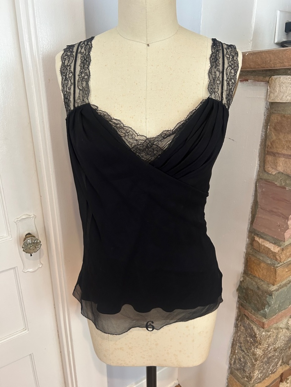 Elie Tahari Black Lace-Trim Silk Tank Top